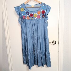 Embroidered Cotton Dress Size L | Floral Boho Tiered | Pockets